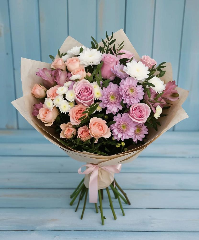 Букет цветов из: Хризантемы, Розы и Альстромерии в Орудьево