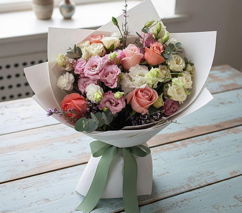 Букет цветов из: Розы, Лизиантусы и Гвоздики в Орудьево