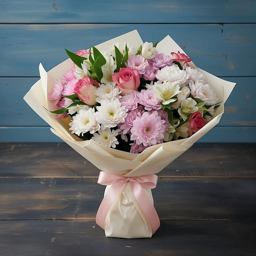 Букет цветов из: Хризантемы, Альстромерии и Розы в Орудьево